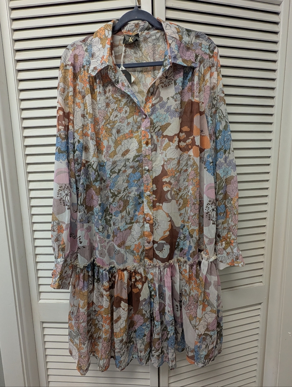 Boho Floral Button-Front Sheer Long Sleeve Dress in Multicolor